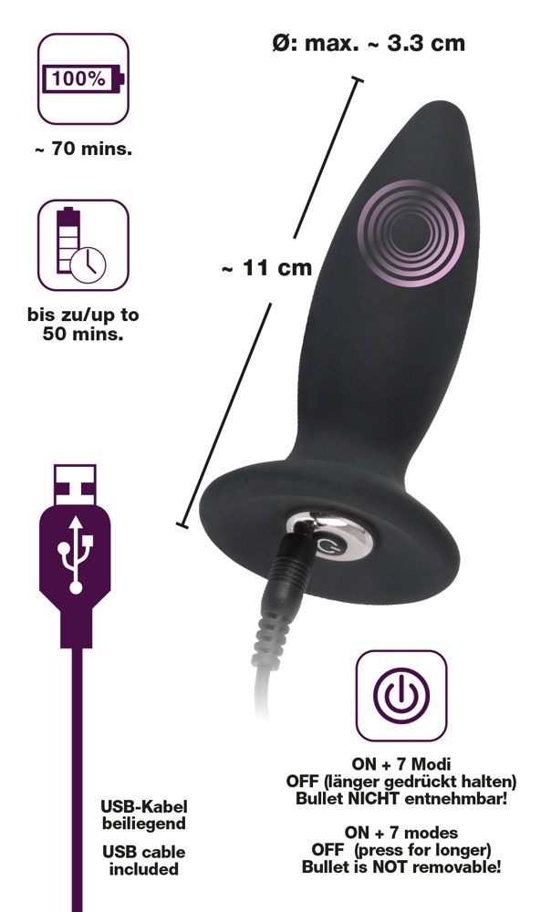 Korek analny silikonowy z wibracjami 11 cm Black Velvets — zdjęcie 6