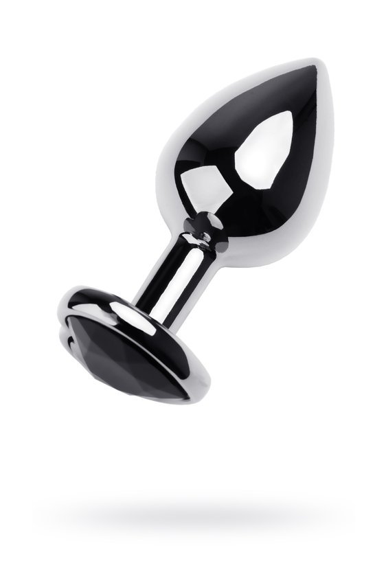 Silver anal plug TOYFA Metal with black heart-shaped gem, length 7 cm, diameter 1,8-3,3 cm, weight 92 gr