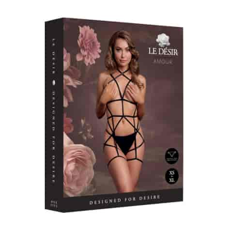 Strappy Open Cup Body Harness with Garters - One Size - Black
