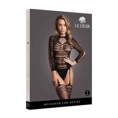 Bodystocking with Long Sleeves and Short Turtleneck - OS - Black