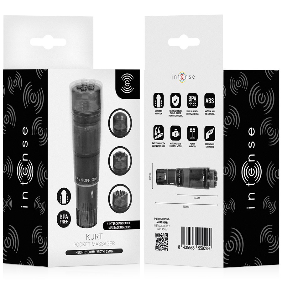 Intense Fun Toys - Intense - Kurt Mini Massager With 4 Interchangeable Heads Black — zdjęcie 6