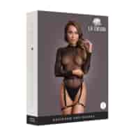 Shimmering Open-Back Bodysuit with PU Leather Garters - One Size - Black/Gold Glitter