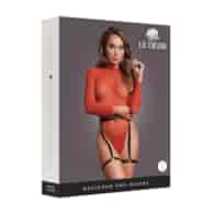Shimmering Open-Back Bodysuit with PU Leather Garters - One Size - Red/Gold Glitter