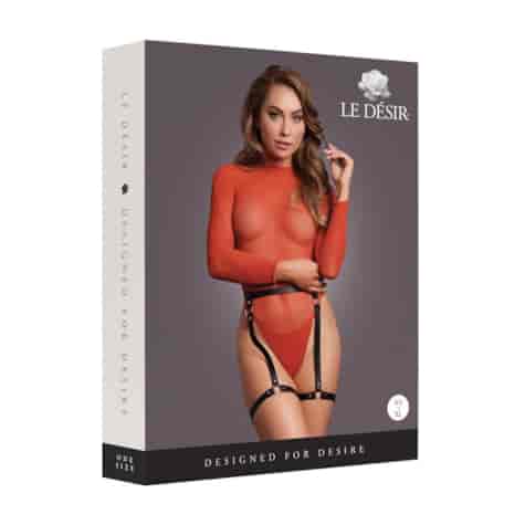 Shimmering Open-Back Bodysuit with PU Leather Garters - One Size - Red/Gold Glitter