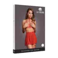 4 Piece Set with Bra, Panty, Double Strap Garter Belt and Peek-A-Boo Mesh Skirt - One Size - Red