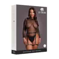 Shimmering Open-Back Bodysuit with PU Leather Garters - Plus Size - Black/Gold Glitter