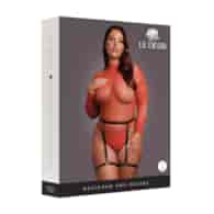 Shimmering Open-Back Bodysuit with PU Leather Garters - Plus Size - Red/Gold Glitter