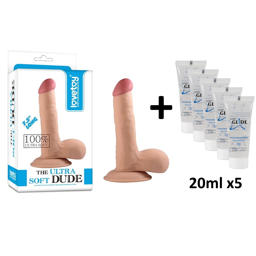 Dildo cyberskóra z przyssawką The Ultra Soft Dude 19,5 cm Lovetoy + lubrykant Just Glide 5 x 20 ml