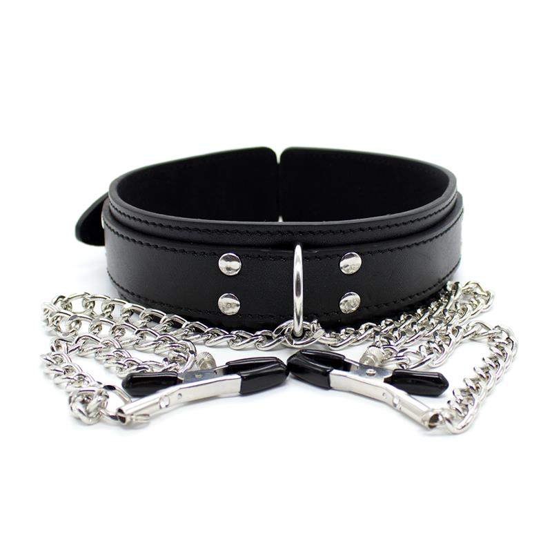 LATETOBED BDSM LINE - Collar with Nipple Clamps and metal Chain Black