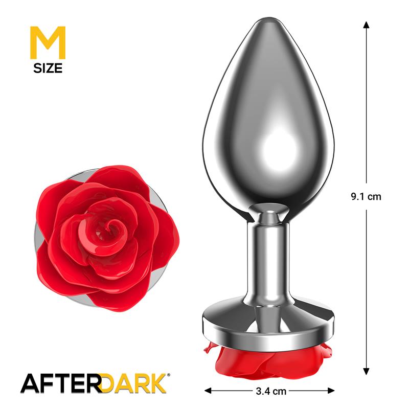Metal Anal Plug with Red Rose Base - Size M — zdjęcie 2