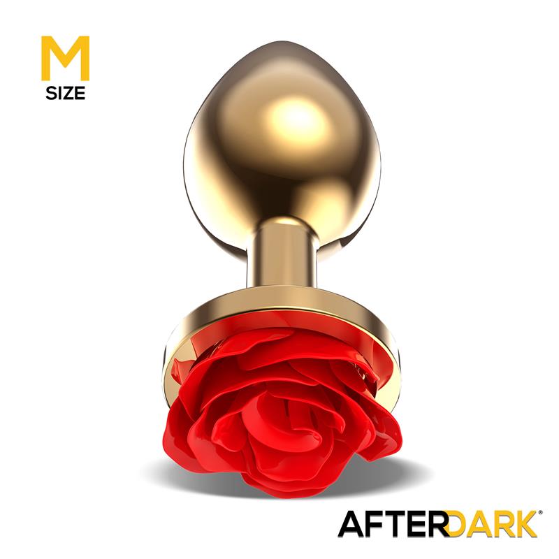 Golden Metal Anal Plug with Red Rose Base - Size M — zdjęcie 2