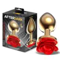 Golden Metal Anal Plug with Red Rose Base Size L