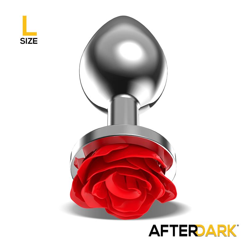 Silver Metal Anal Plug with Red Rose Base Size L — zdjęcie 2