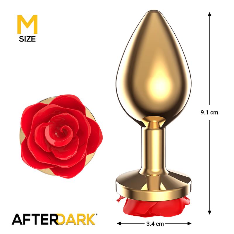 Golden Metal Anal Plug with Red Rose Base - Size M — zdjęcie 3