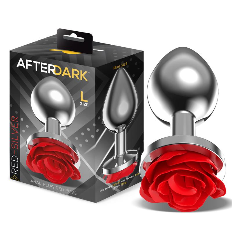 AFTERDARK - Silver Metal Anal Plug with Red Rose Base Size L