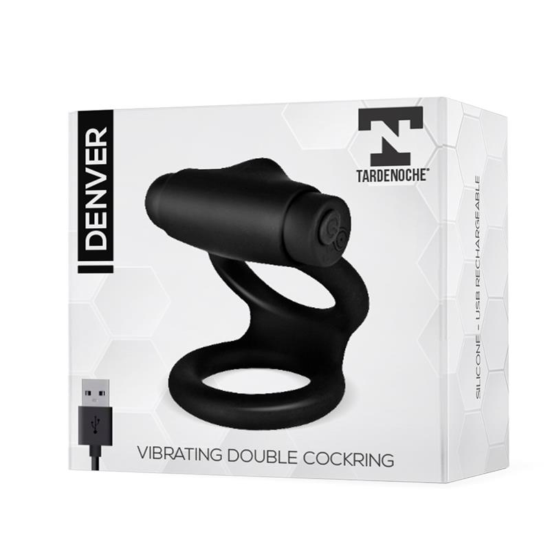 Denver Double Cockring with Vibrating Bullet USB Silicone Black — zdjęcie 3