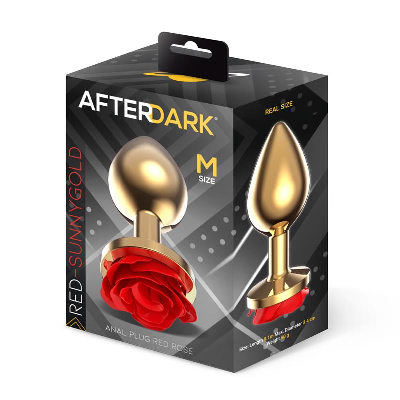 Golden Metal Anal Plug with Red Rose Base - Size M — zdjęcie 4