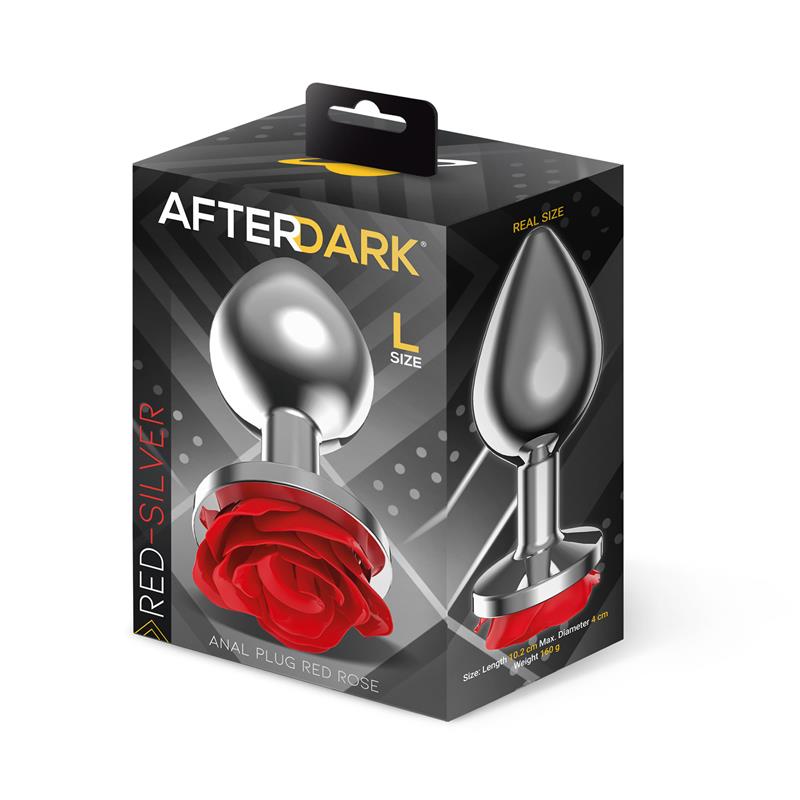 Silver Metal Anal Plug with Red Rose Base Size L — zdjęcie 4
