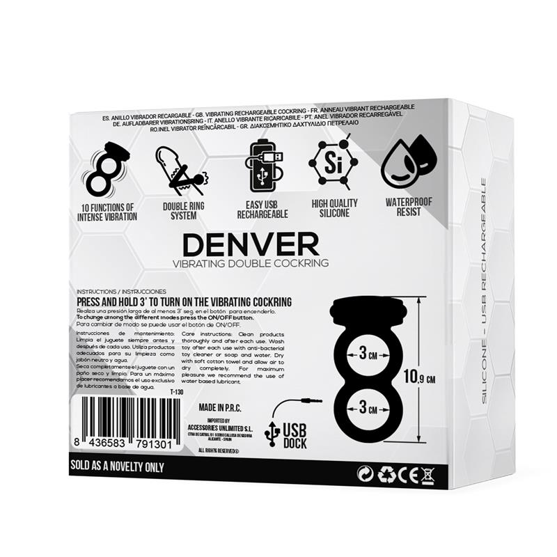 Denver Double Cockring with Vibrating Bullet USB Silicone Black — zdjęcie 4