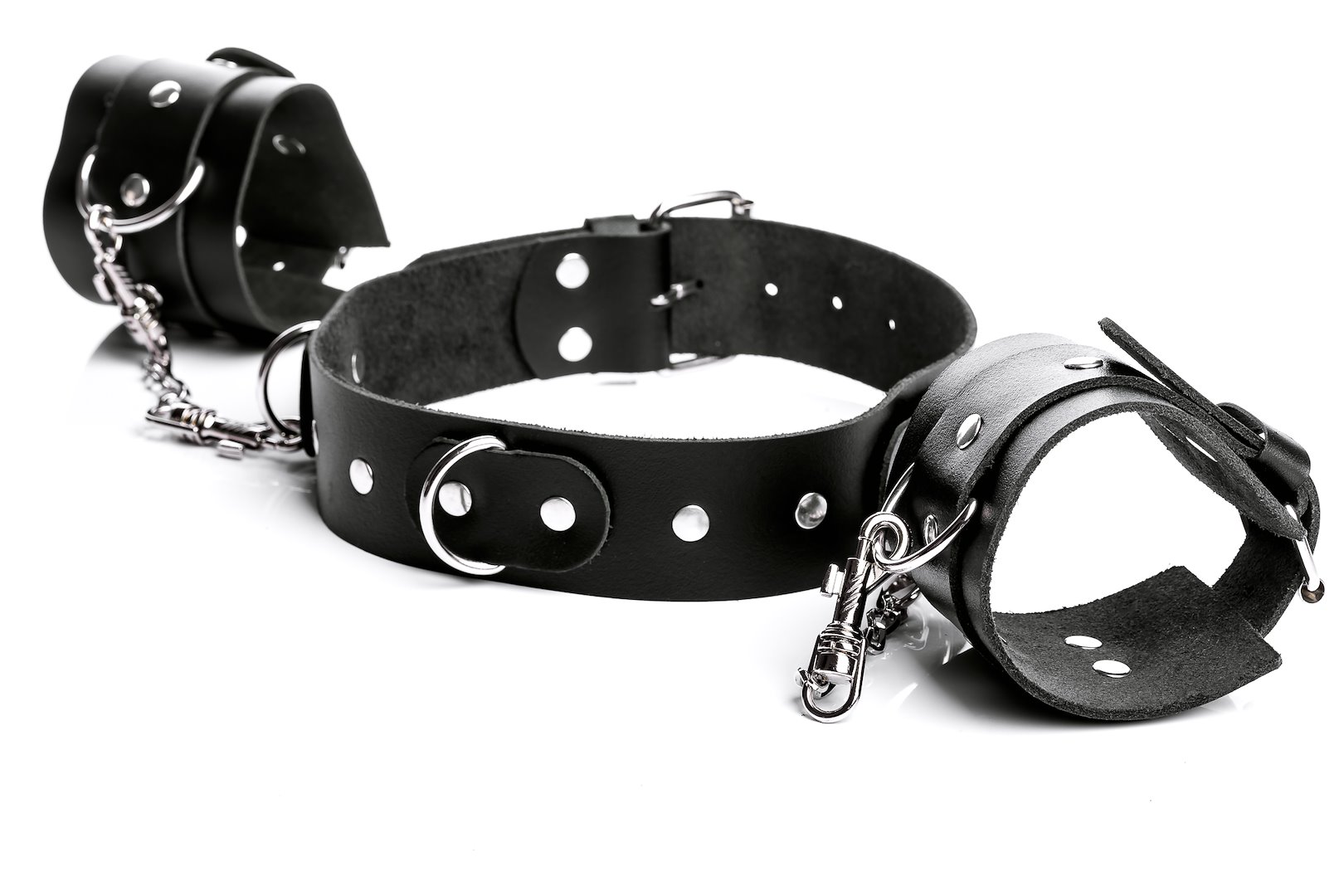 Obroża szeroka połączona łańcuszkami z kajdankami na ręce Temptation — zdjęcie 2