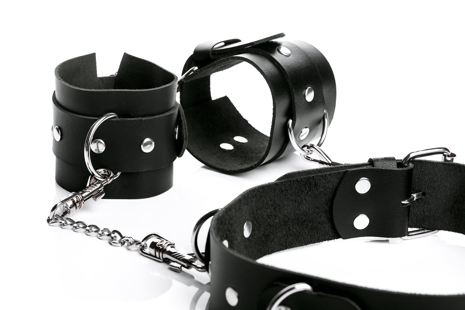 Obroża szeroka połączona łańcuszkami z kajdankami na ręce Temptation — zdjęcie 3