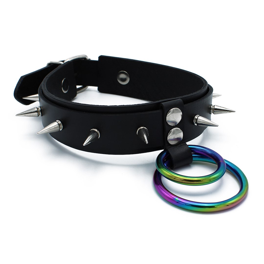 Kiotos Leather Black Leather Spiked Collar Double Rainbow O-Ring — zdjęcie 2
