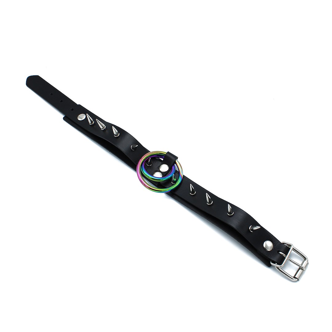 Kiotos Leather Black Leather Spiked Collar Double Rainbow O-Ring — zdjęcie 3