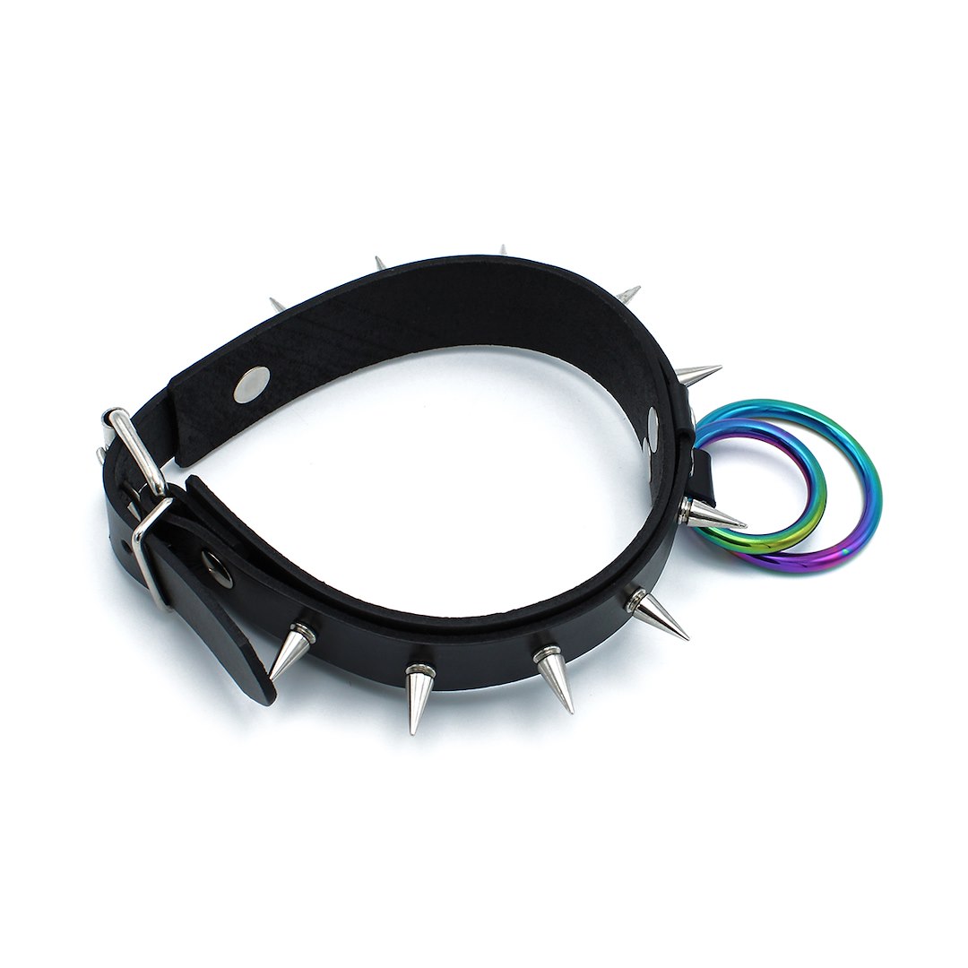 Kiotos Leather Black Leather Spiked Collar Double Rainbow O-Ring — zdjęcie 4
