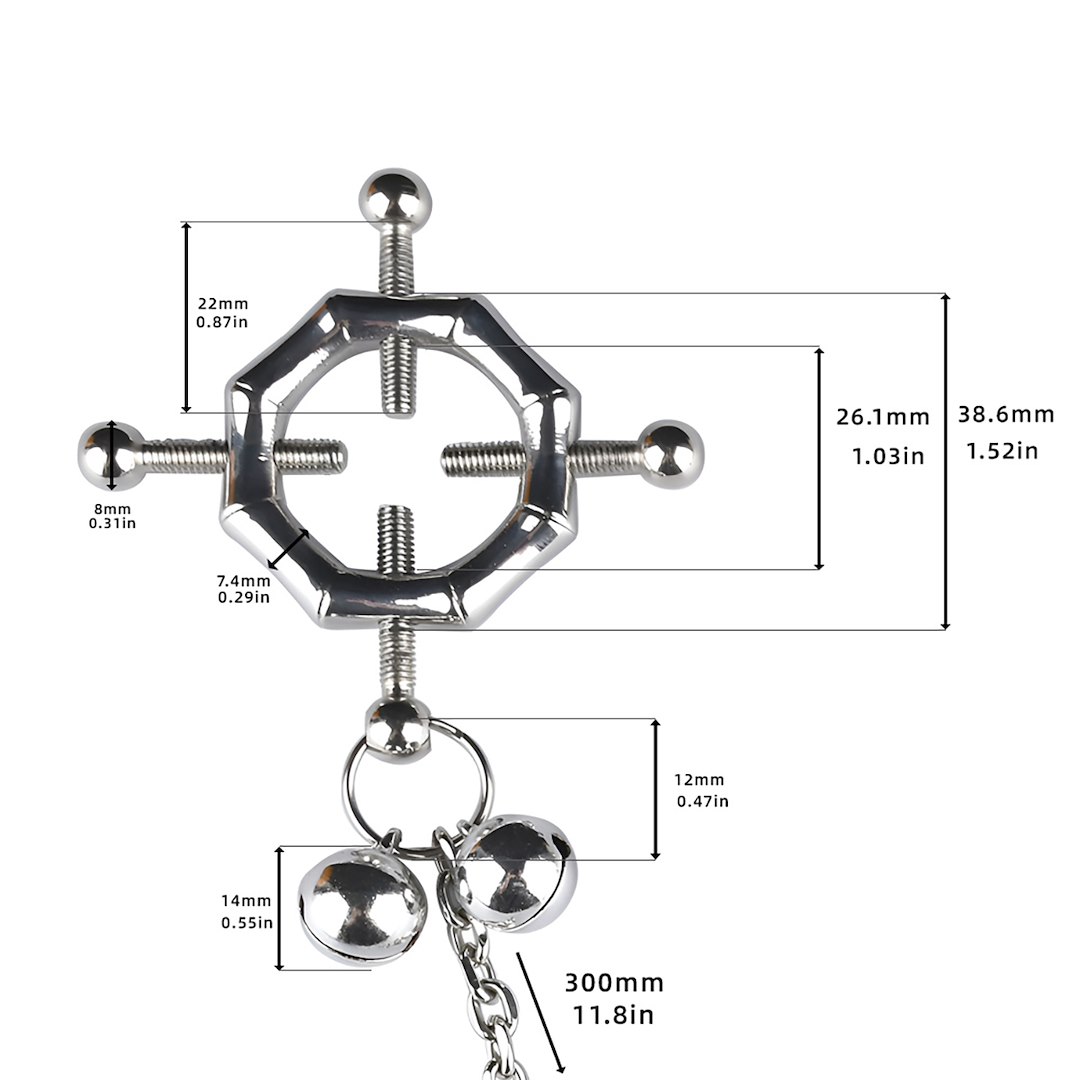 Kiotos BDSM Hexagon Nipple Clamps Bells & Leather Harness — zdjęcie 4