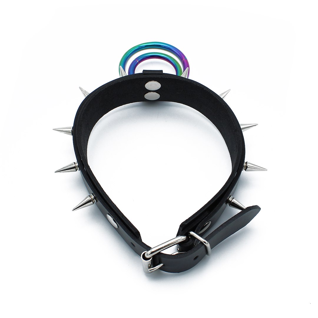 Kiotos Leather Black Leather Spiked Collar Double Rainbow O-Ring — zdjęcie 5