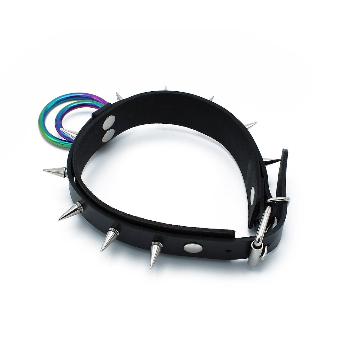 Kiotos Leather Black Leather Spiked Collar Double Rainbow O-Ring — zdjęcie 6
