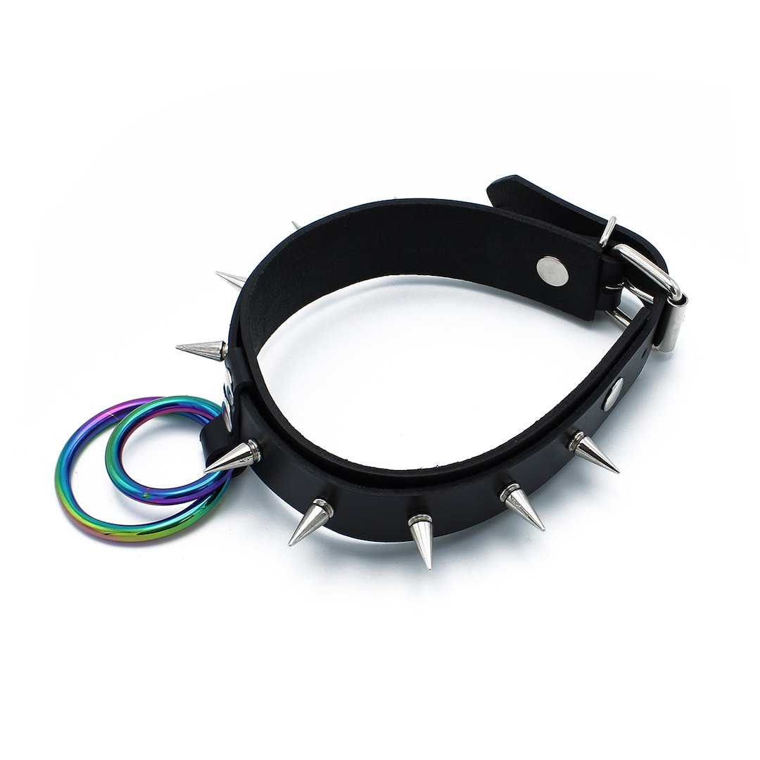 Kiotos Leather Black Leather Spiked Collar Double Rainbow O-Ring — zdjęcie 7