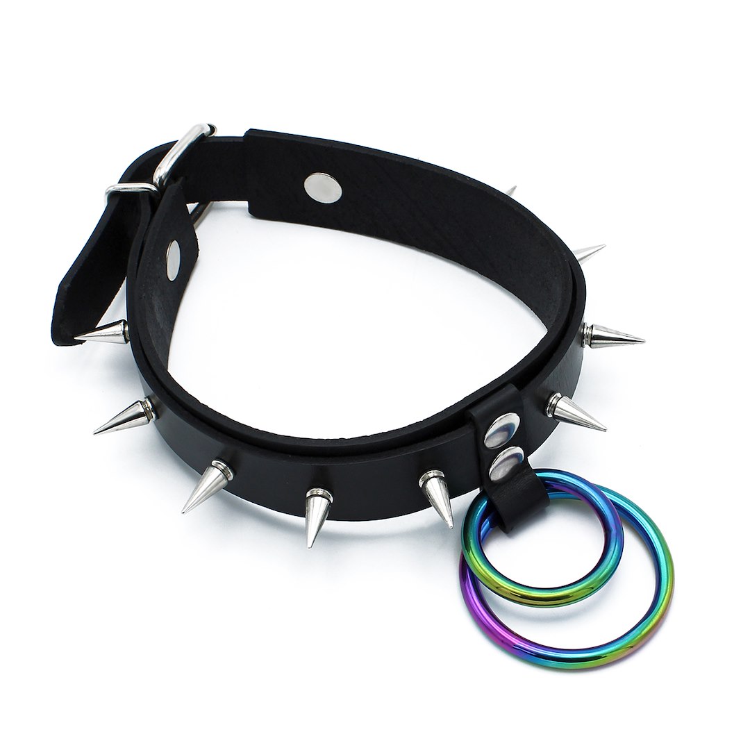 Kiotos Leather Black Leather Spiked Collar Double Rainbow O-Ring — zdjęcie 8