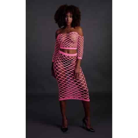 Long Sleeve Crop Top and Long Skirt - One Size - Neon Pink