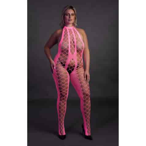 Bodystocking with Halterneck - Plus Size - Neon Pink