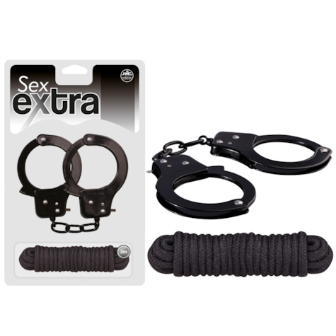 Kajdanki metalowe i lina do krępowania 3m Sex Extra czarne